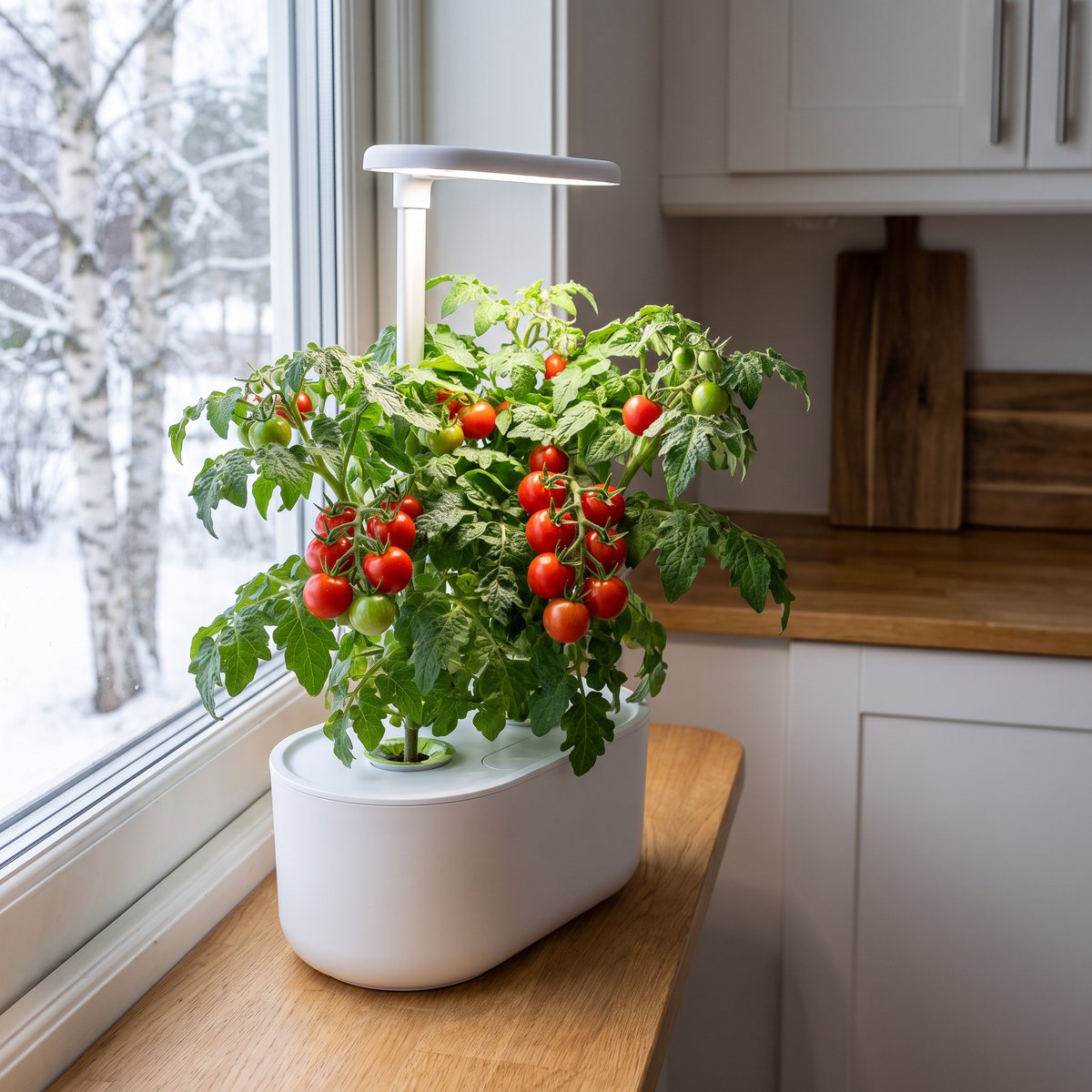Minitomatplanta med röda körsbärstomater i en inomhusträdgård med lampa på en köksbänk vid fönstret en snöig vinterdag