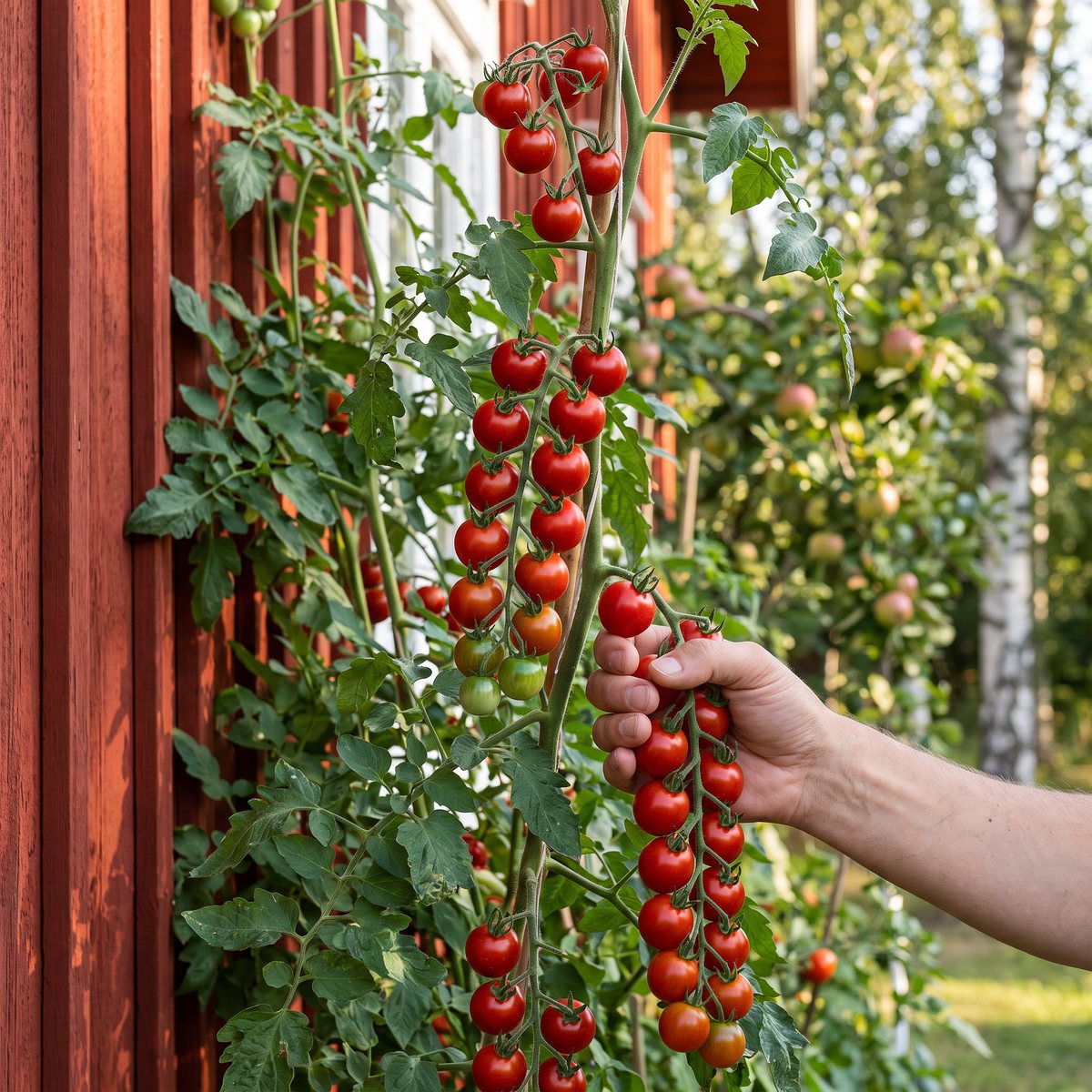 Klasar med djupröda körsbärstomater av sorten Gardener's Delight på en hög planta mot en faluröd husvägg