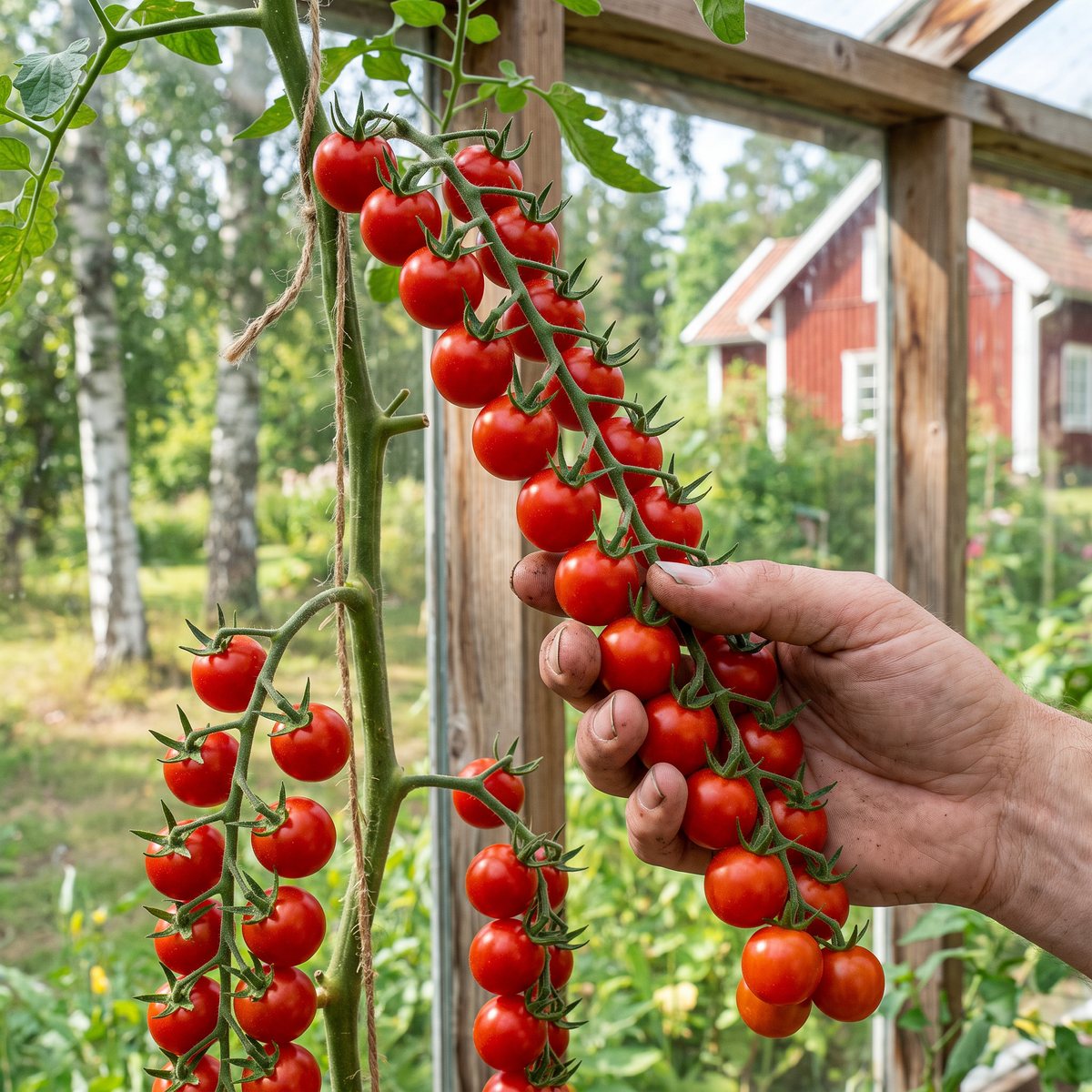 Mogna röda körsbärstomater av sorten Sweet Million plockas från en uppbunden planta i ett svenskt växthus