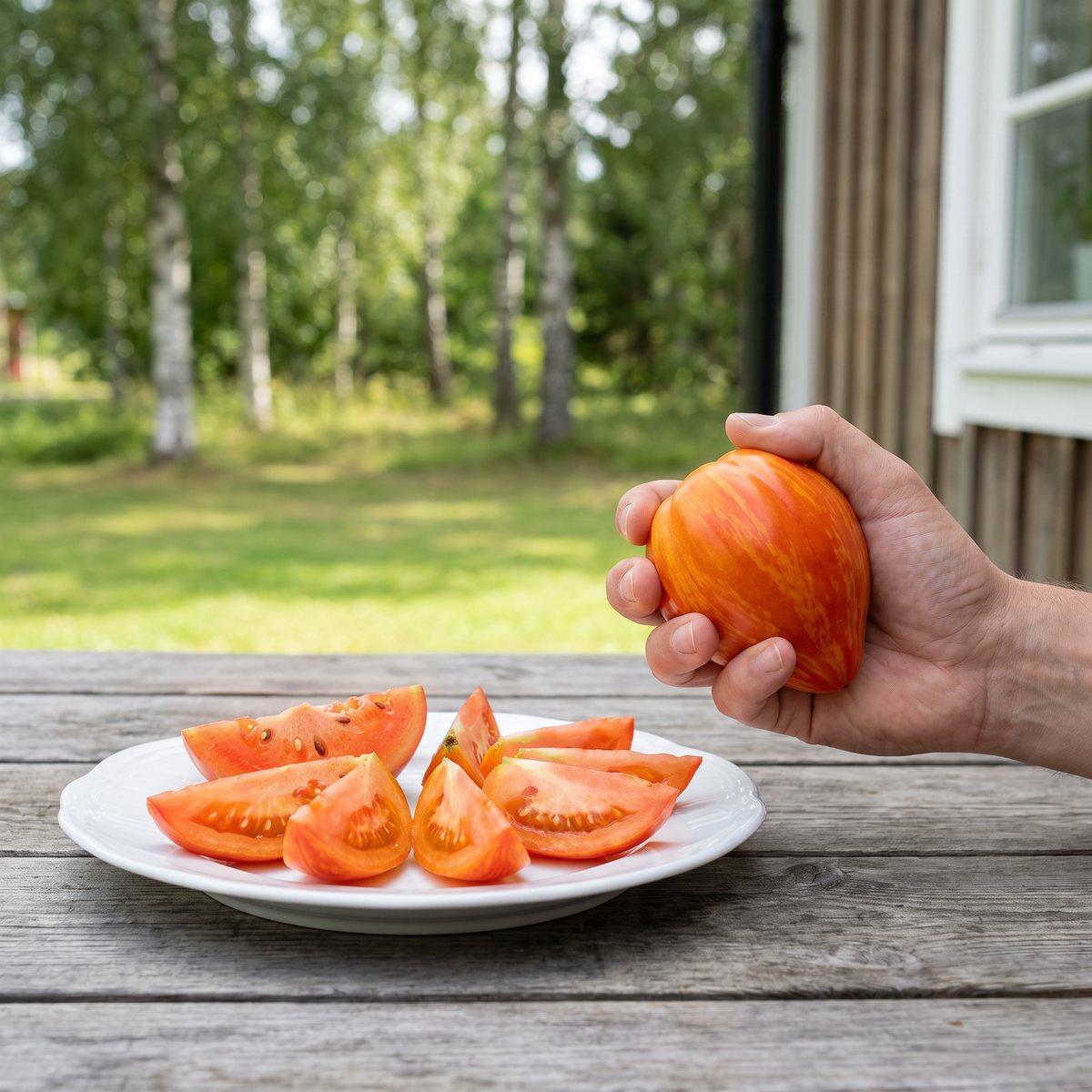 Oxhjärtformad tomat Gourmansun F1 i handen bredvid ett fat med tomatklyftor på ett trädgårdsbord vid ett svenskt sommarhus