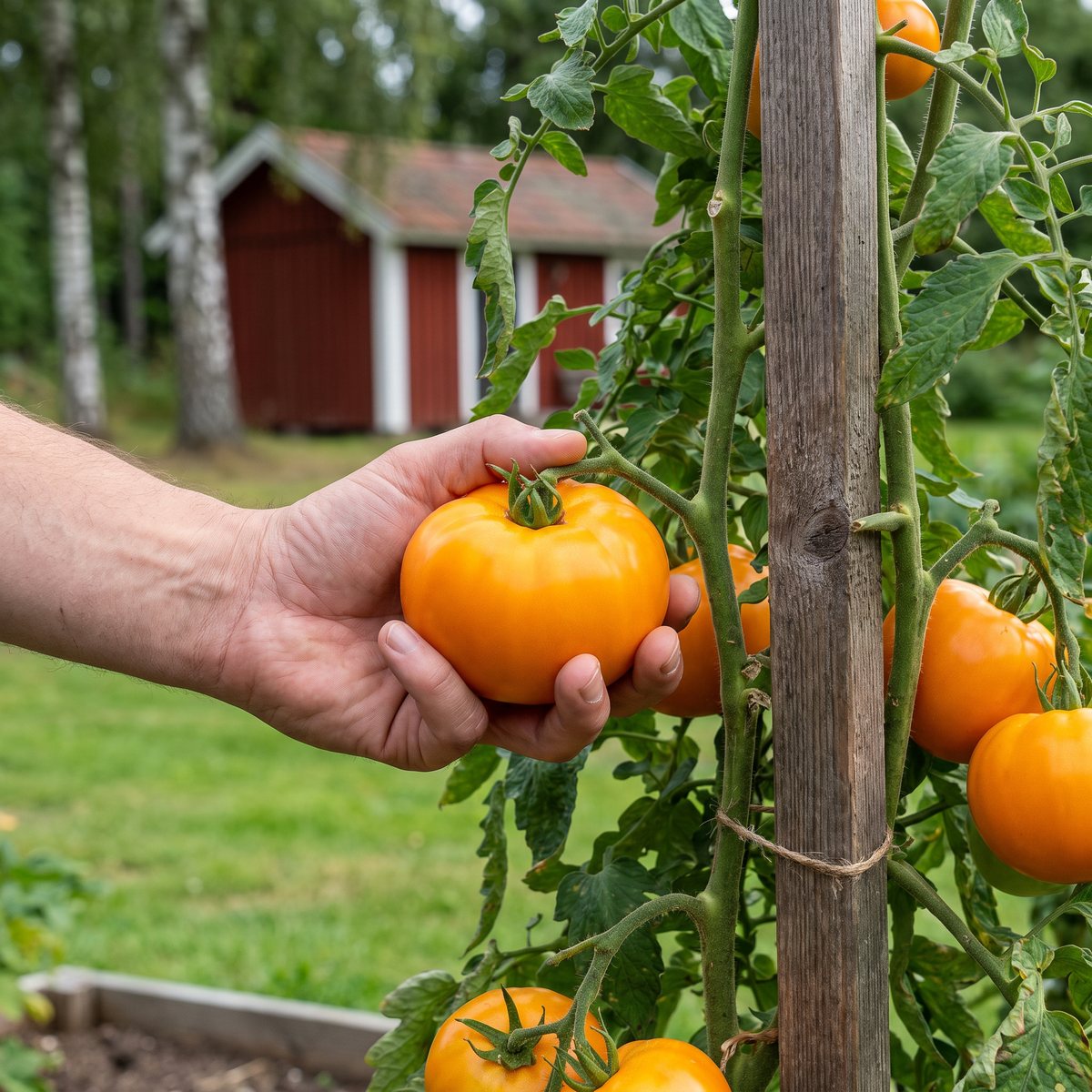 Orange bifftomat Valencia plockas från en uppbunden planta på friland i en svensk trädgård med rött uthus och björkar