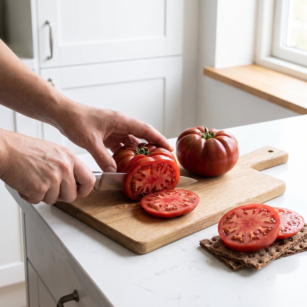 Händer som skivar en stor, räfflad bifftomat på en skärbräda i ett ljust kök, skivor på knäckebröd