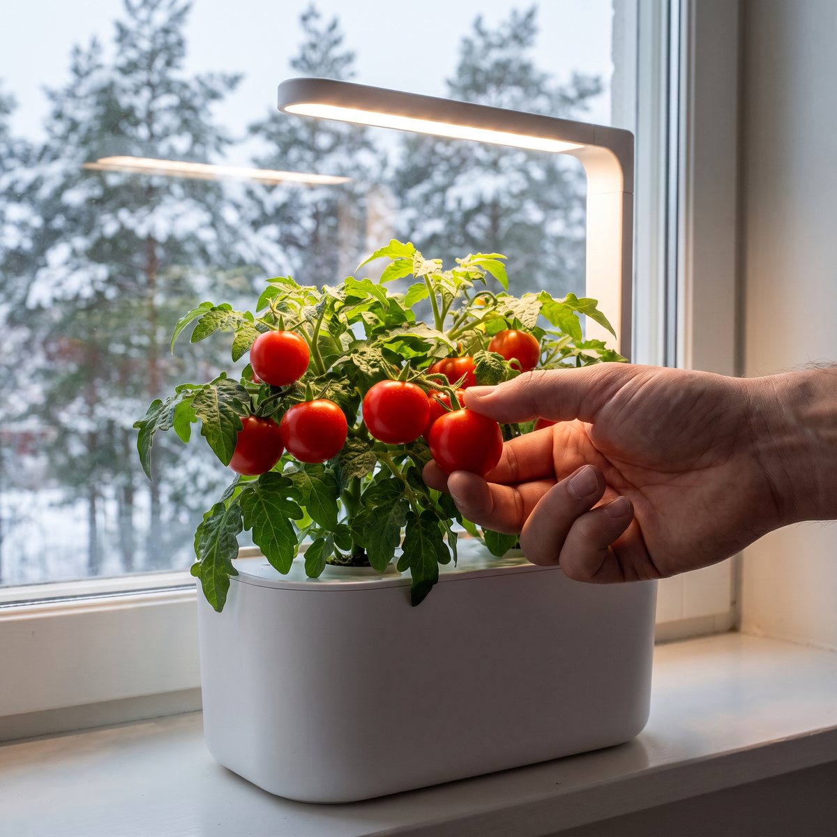Liten tomatplanta i en vit inomhusodlare med odlingslampa i ett köksfönster en snöig vinterdag, en hand plockar en tomat