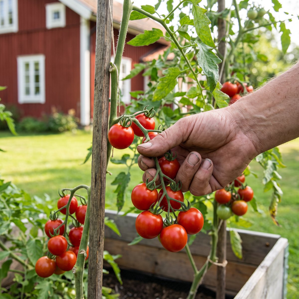 Hand som plockar röda körsbärstomater från plantor uppbundna vid käppar i en odlingslåda framför ett rött trähus