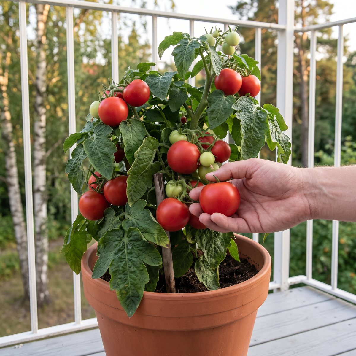 Låg busktomat i stor terrakottakruka på en svensk balkong, en hand håller en röd tomat