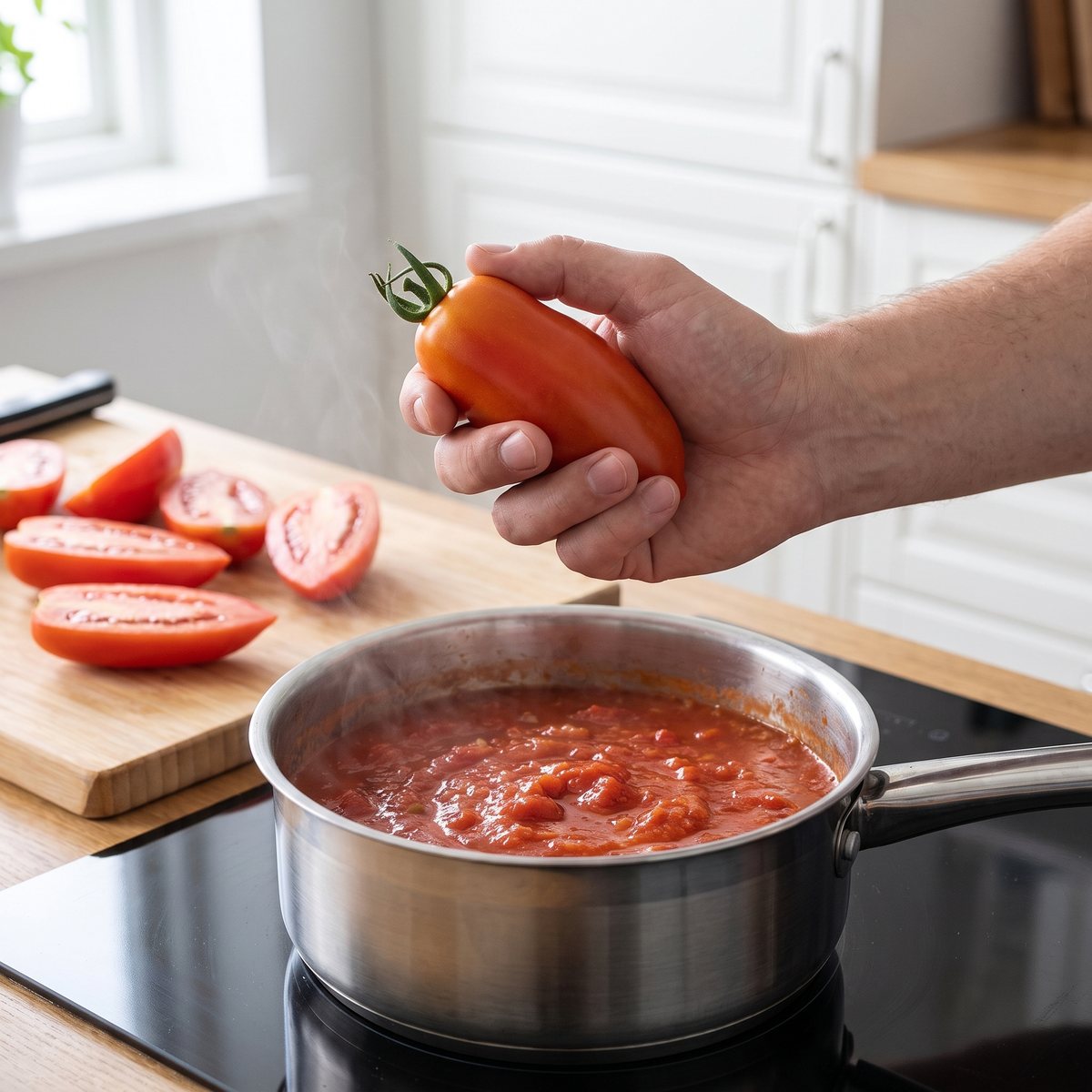 Hand som håller en avlång plommontomat över en kastrull med tomatsås på induktionshäll
