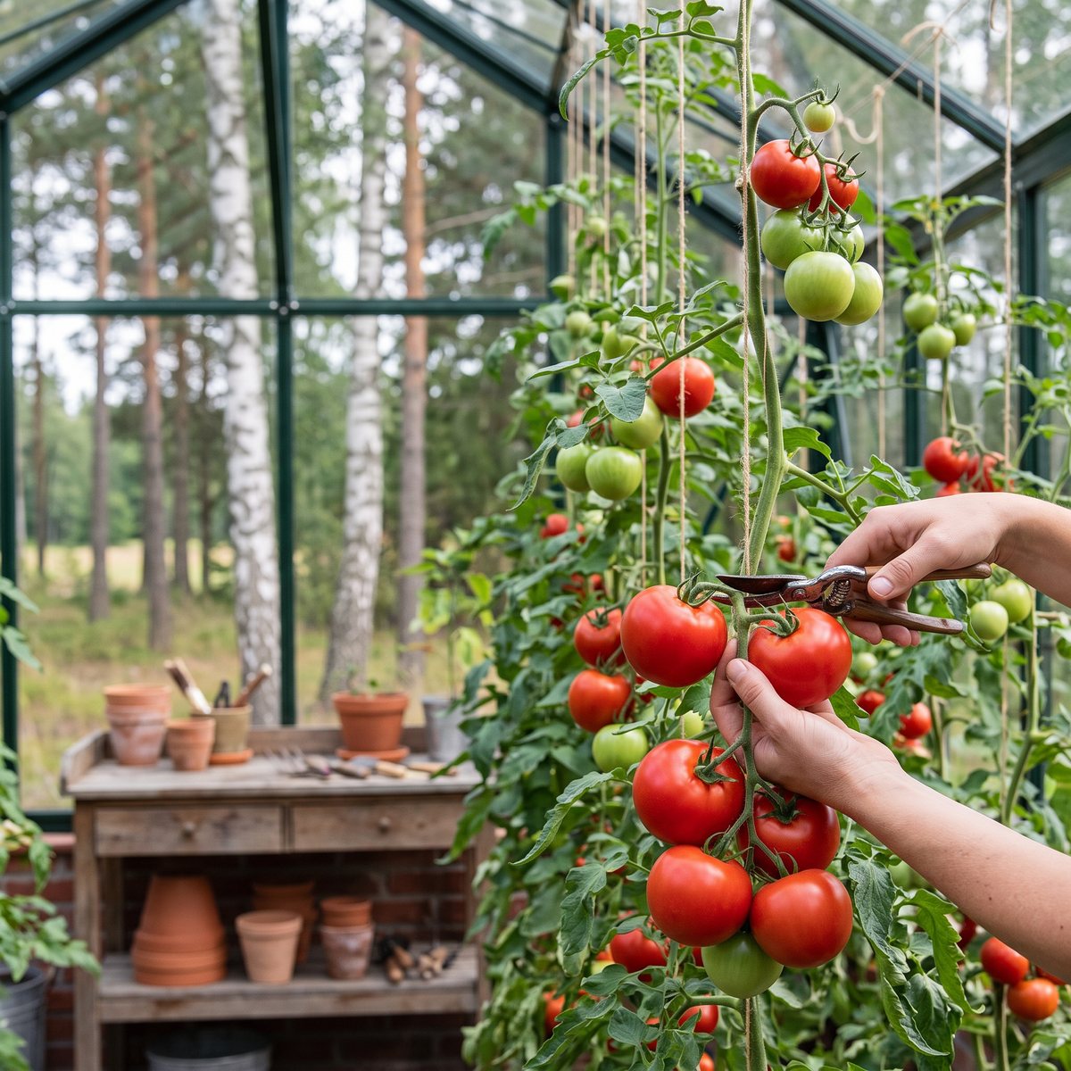 Händer som klipper en klase runda röda tomater från höga, snöruppbundna plantor i ett glasväxthus med björk och tall utanför