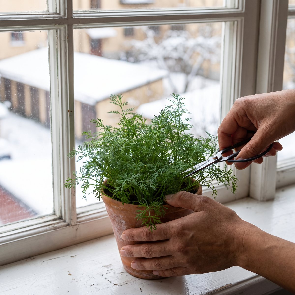 Kompakt, buskig dill i en terrakottakruka på en fönsterbräda en vinterdag, där en hand klipper några kvistar med sax