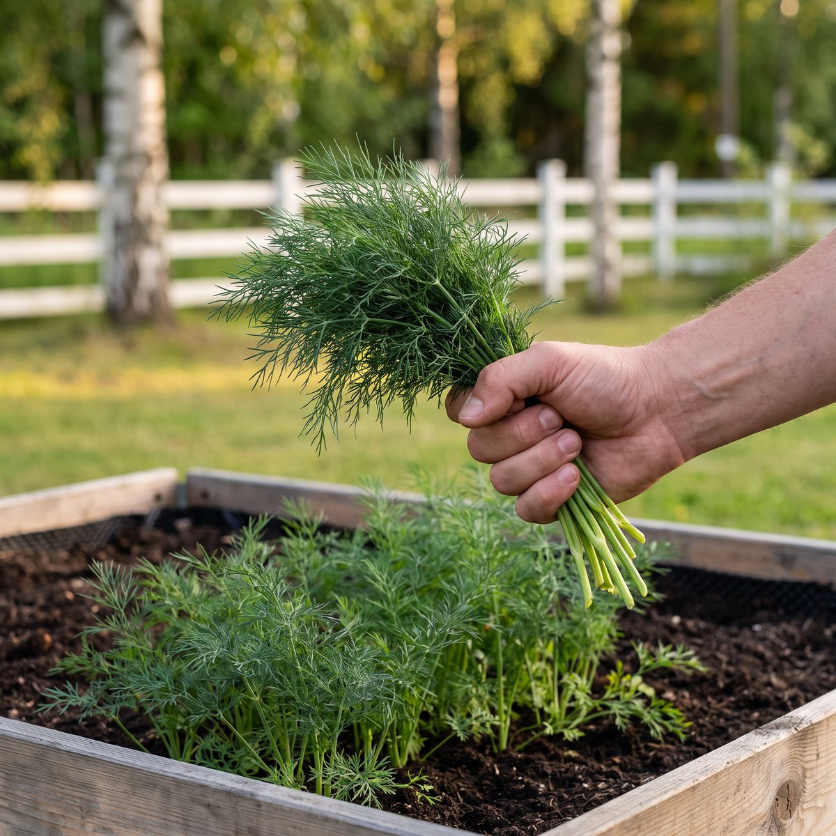 Hand som håller en nyplockad knippe dill ovanför en pallkrage med unga dillplantor i en svensk trädgård