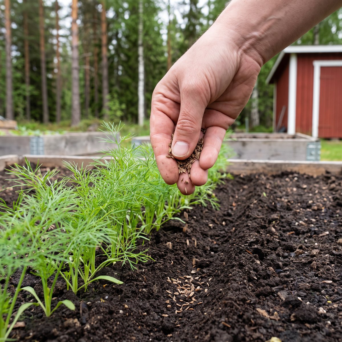 Hand som strör platta bruna dillfrön i en sårad i mörk jord bredvid en rad unga dillplantor i en svensk köksträdgård