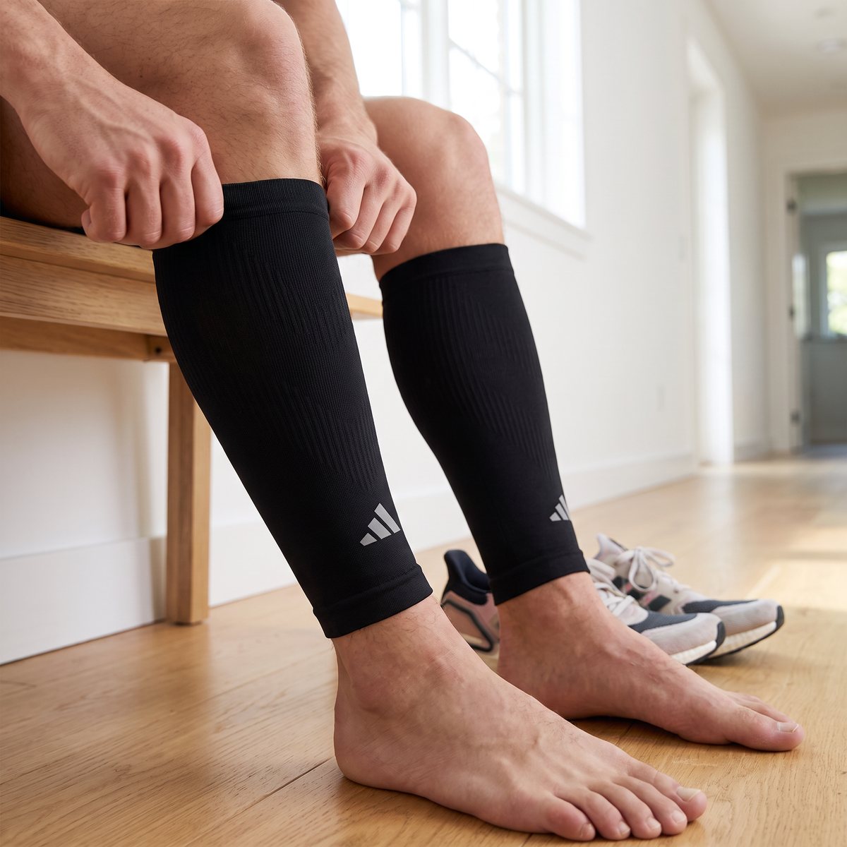 Svarta Adidas-vadsleeves som dras på i en ljus svensk hall