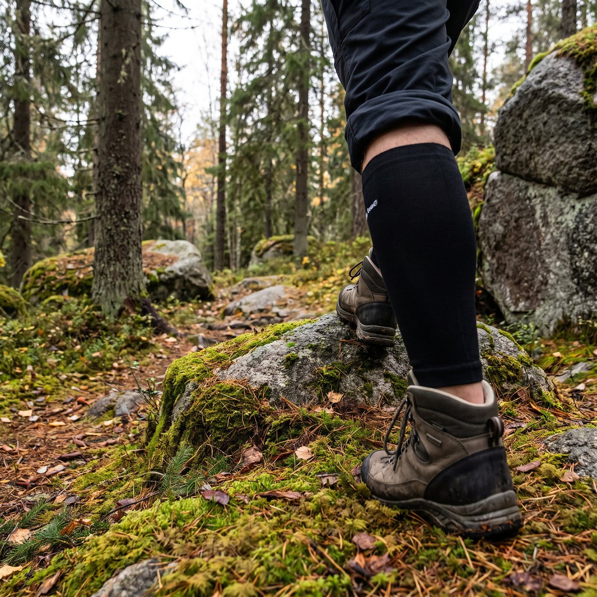 Svart Back on Track-vadskydd på en vandrare på en stig i svensk skog