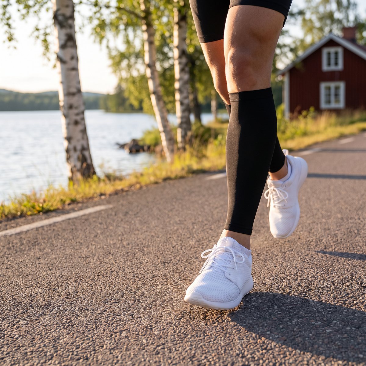 Svarta Rehband-vadskydd på en löpare på en cykelväg vid en svensk sjö