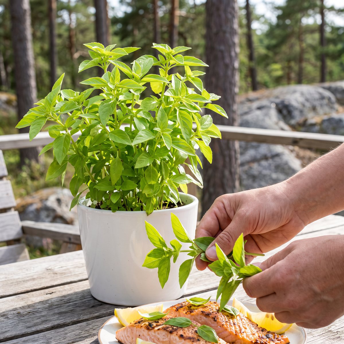 Citronbasilika i vit kruka på ett trädäck bland tallar och granithällar, kvistar strös över grillad lax