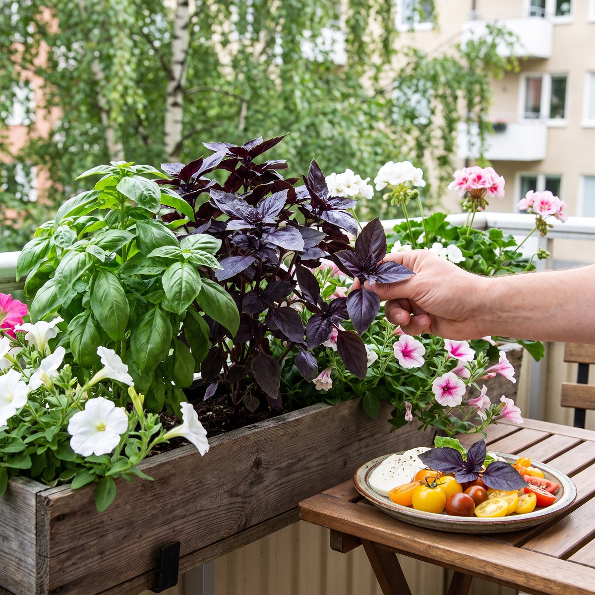Mörkt purpurfärgad basilika Red Rubin bredvid grön basilika i en balkonglåda bland sommarblommor, med en sallad av mozzarella och tomater