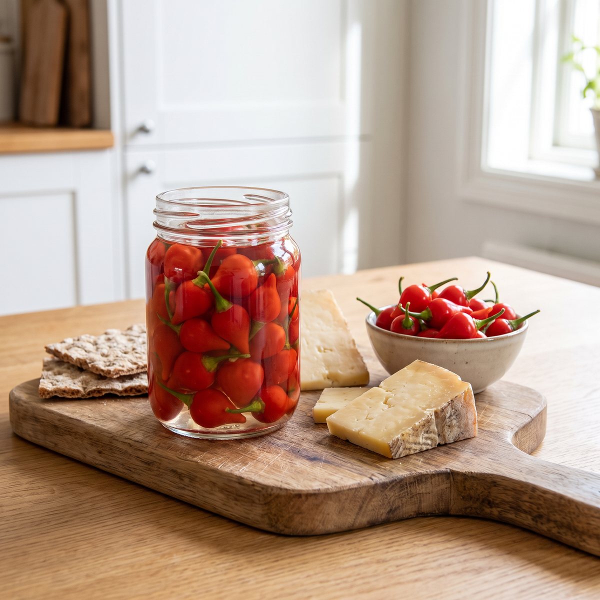 Glasburk med inlagda röda biquinhofrukter på en ostbricka med knäckebröd, bredvid en skål färska frukter
