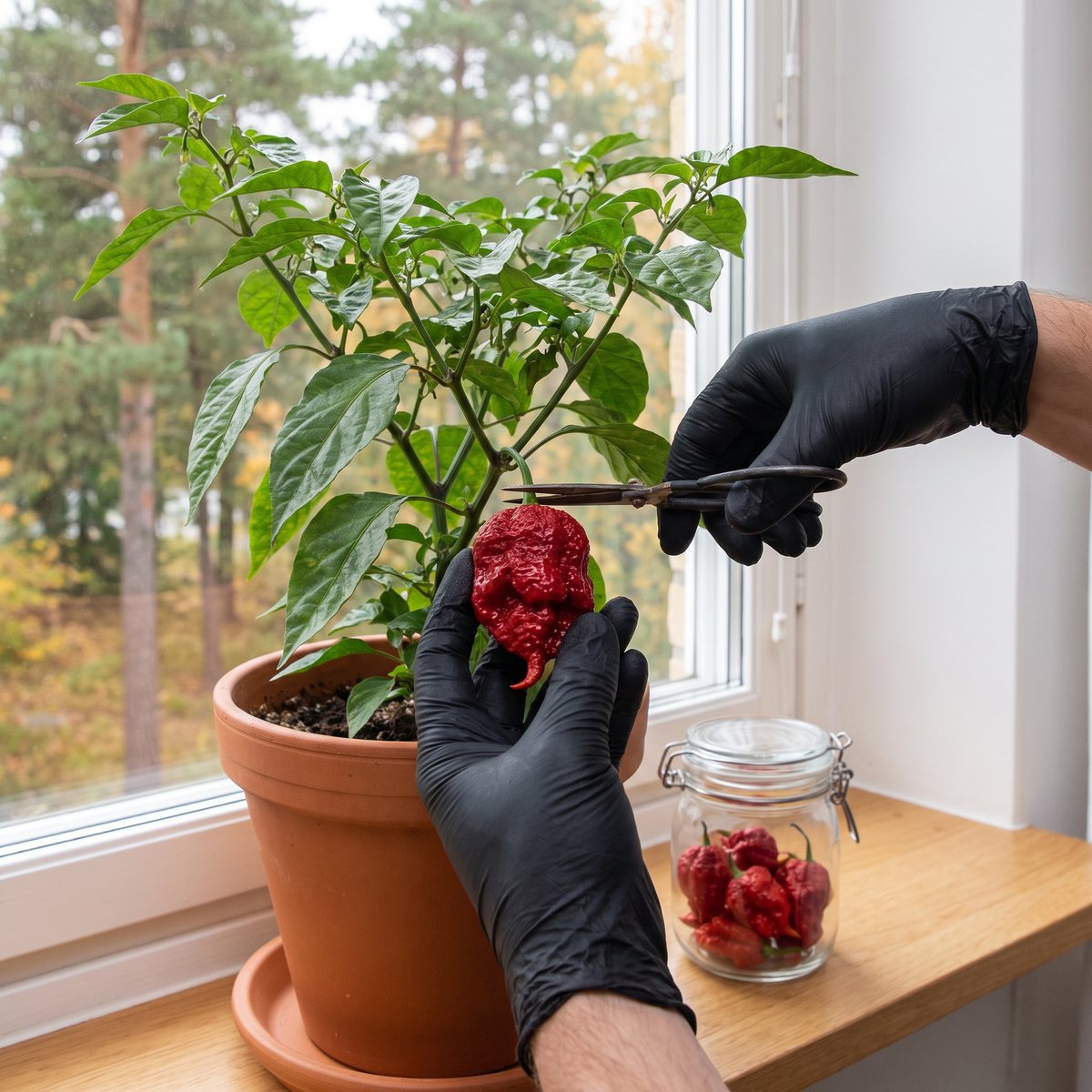 Händer i svarta skyddshandskar som klipper en knottrig röd Carolina Reaper från en planta i kruka, med en glasburk med lock på fönsterbänken