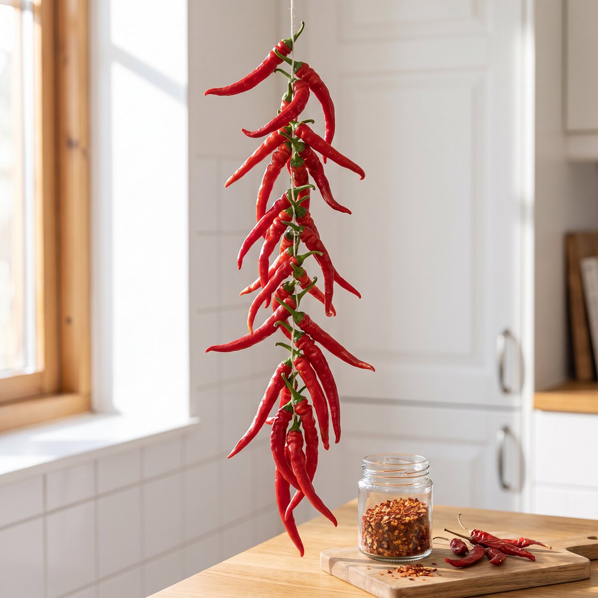 Långa röda cayennefrukter trädda på en tråd som hänger på tork i ett ljust kök, bredvid en burk chiliflakes