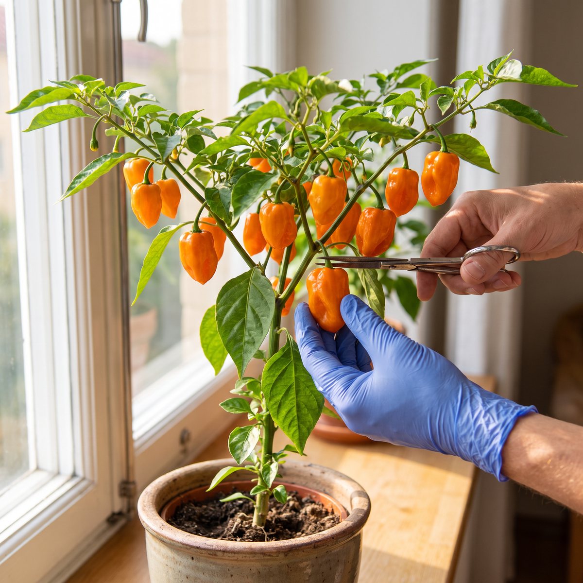 Hand i skyddshandske som klipper en orange habanero från en grenig planta i kruka i ett soligt fönster