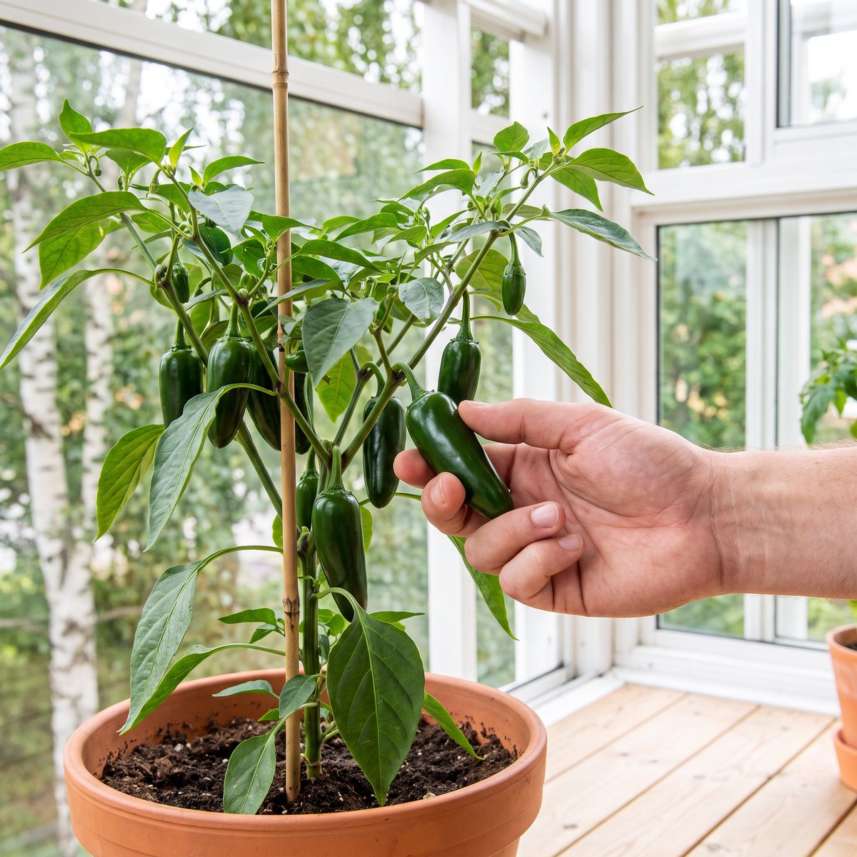 Hand som plockar en glansigt grön jalapeño från en chiliplanta i kruka på en inglasad balkong