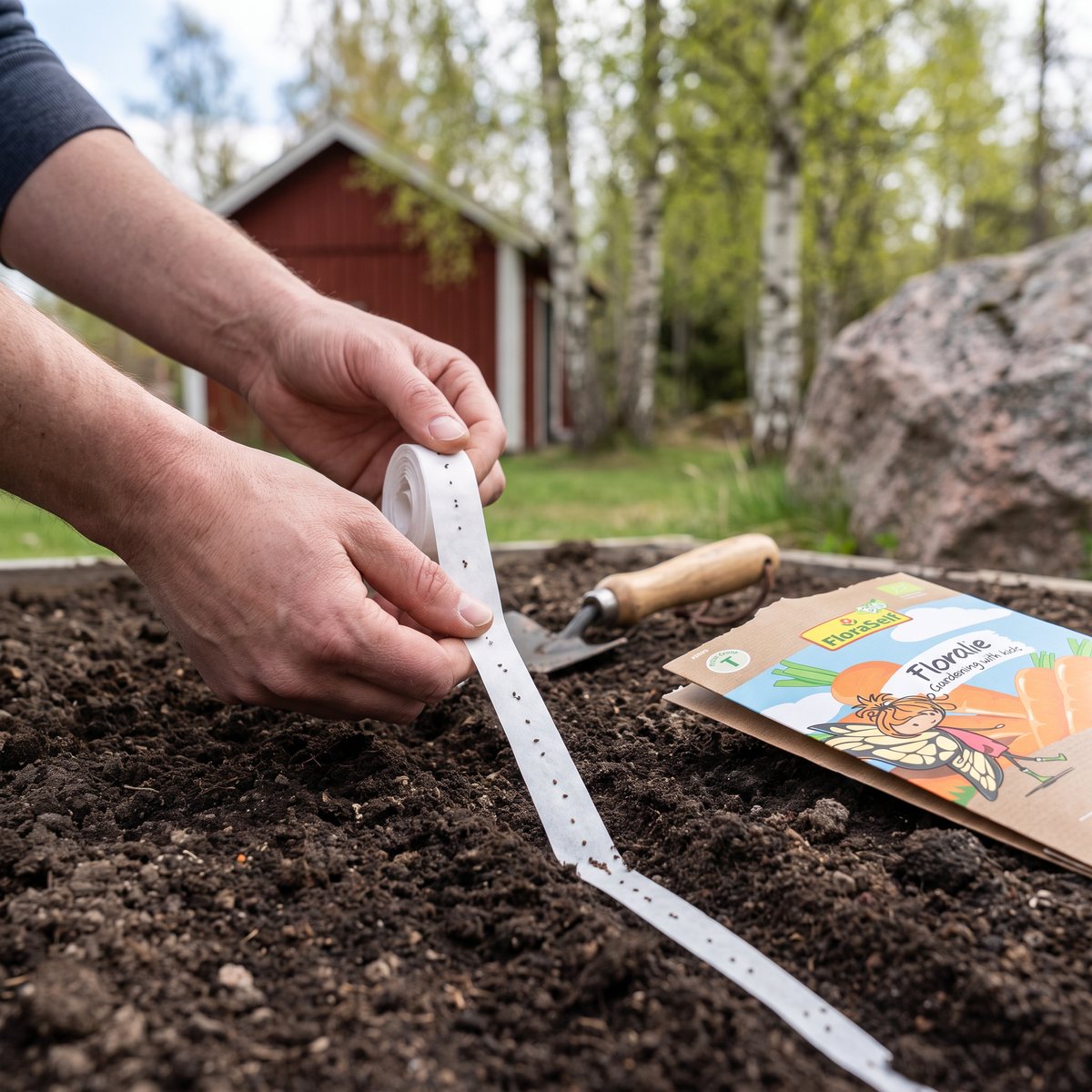 Händer rullar ut ett vitt morotssåband i en grund fåra i en grönsaksbädd i en svensk trädgård i maj, med fröpåsen från FloraSelf på jorden, en röd stuga och björkar i bakgrunden