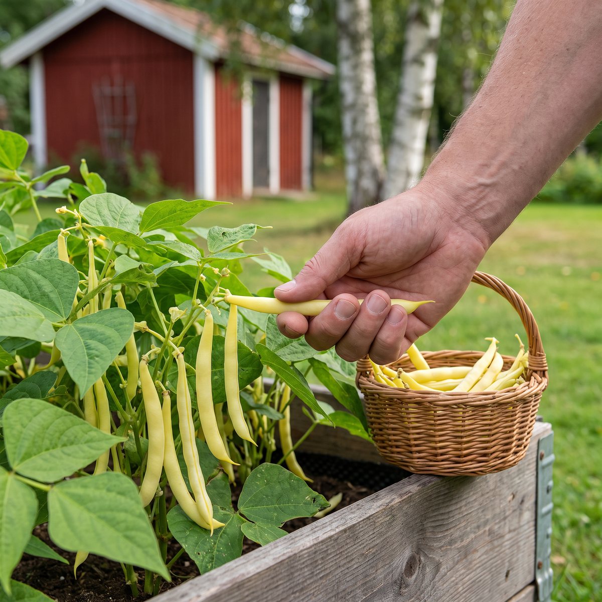 Gula vaxbönor av sorten Dior plockas från en låg buske i en pallkrage, med en korg med skördade baljor och ett rött förråd i bakgrunden