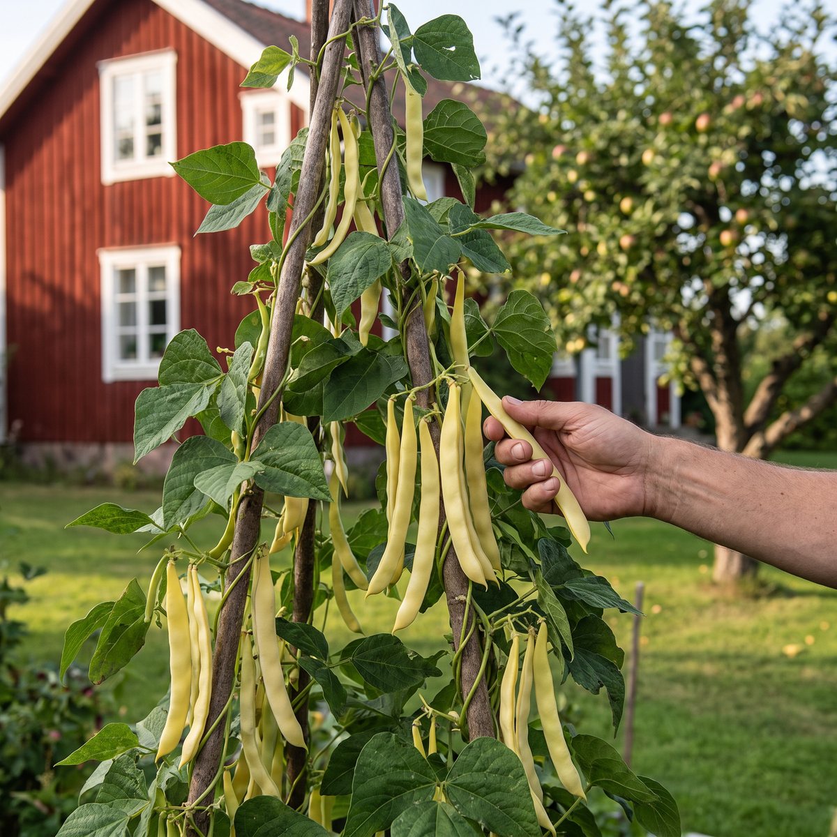 Störvaxbönan Golden Gate klättrar på höga bönstörar framför ett rött trähus, och en hand plockar en lång gul balja