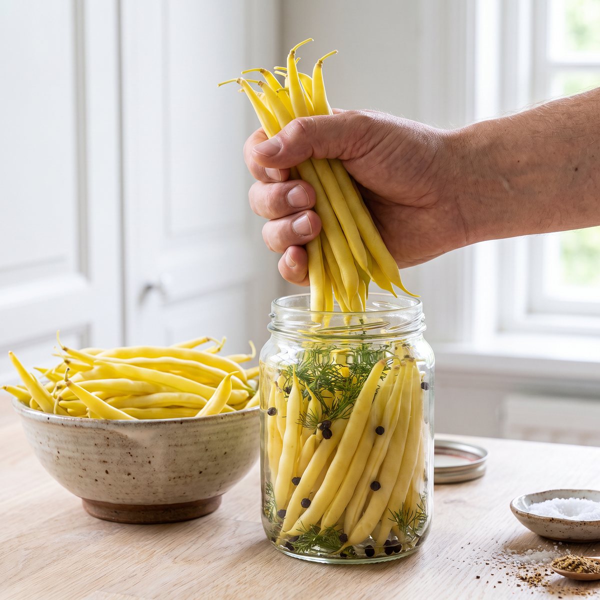 Korta gula vaxbönor av sorten Gondola läggs i en glasburk med dill och pepparkorn i ett ljust kök
