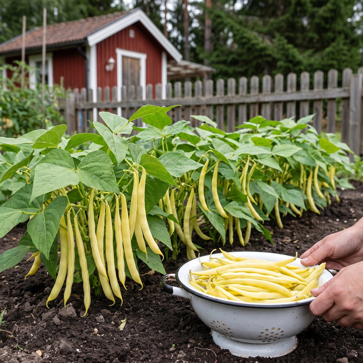 En rad låga buskar av vaxbönan Maxidor fulla av gula baljor i ett koloniområde, med ett durkslag med nyplockade bönor