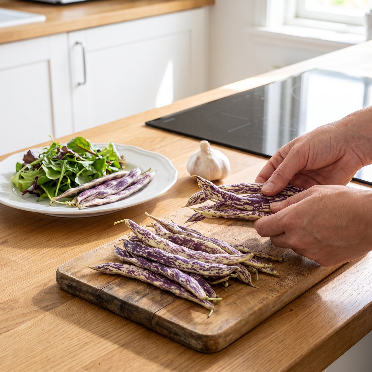 Cremegula vaxbönor med purpurstrimmor av sorten Merveille de Piemonte på en skärbräda i ett ljust kök, bredvid en sallad och vitlök