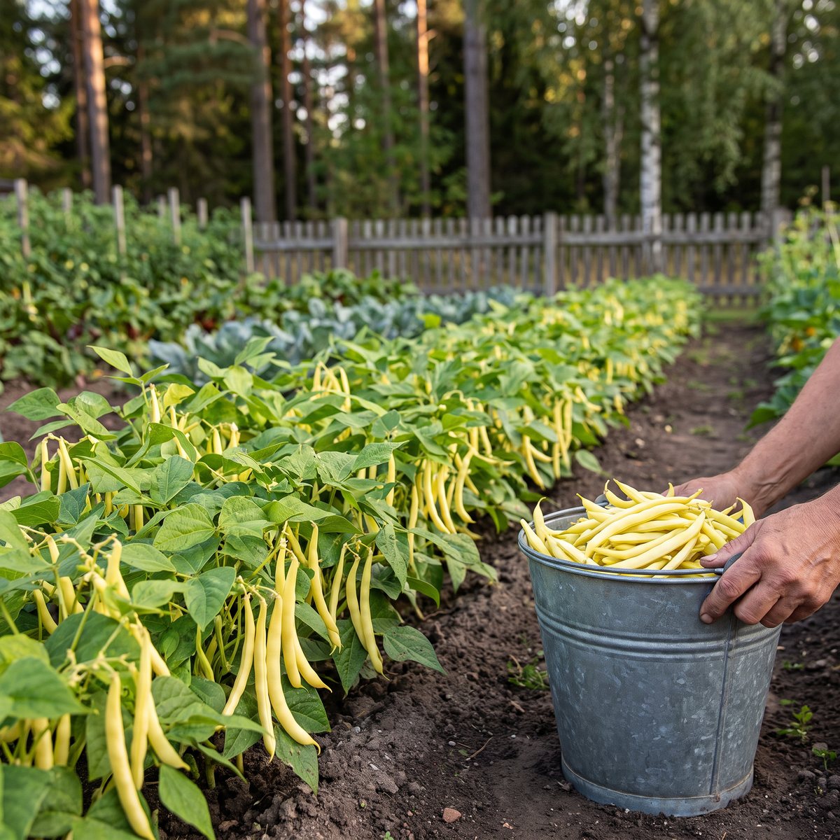 En lång rad låga buskar av vaxbönan Zlota Saxa i ett grönsaksland, med en zinkhink full av skördade gula bönor