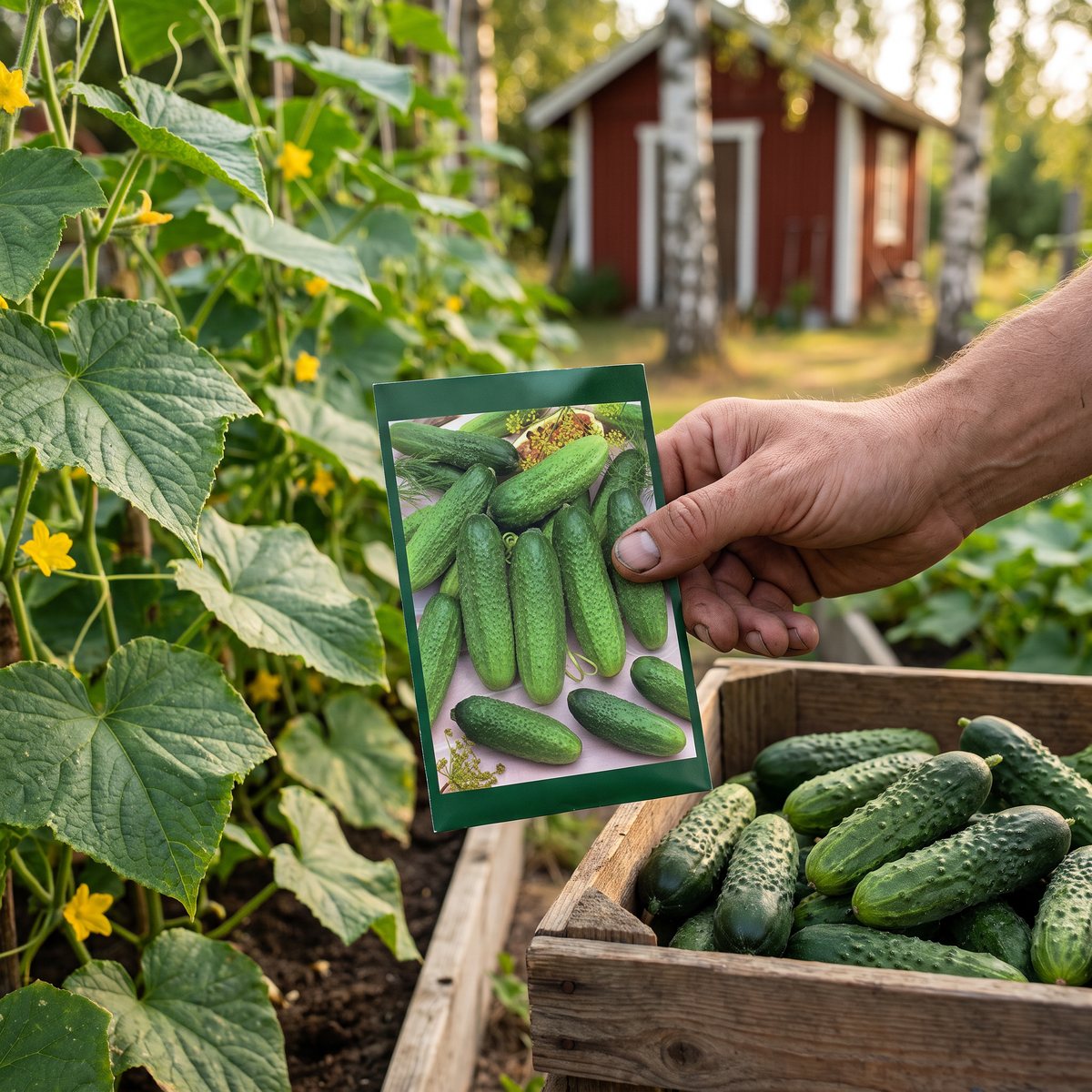 Fröpåse med korta knottriga gurkor i handen bredvid en låda nyskördade gurkor vid en odlingsbänk i en svensk trädgård