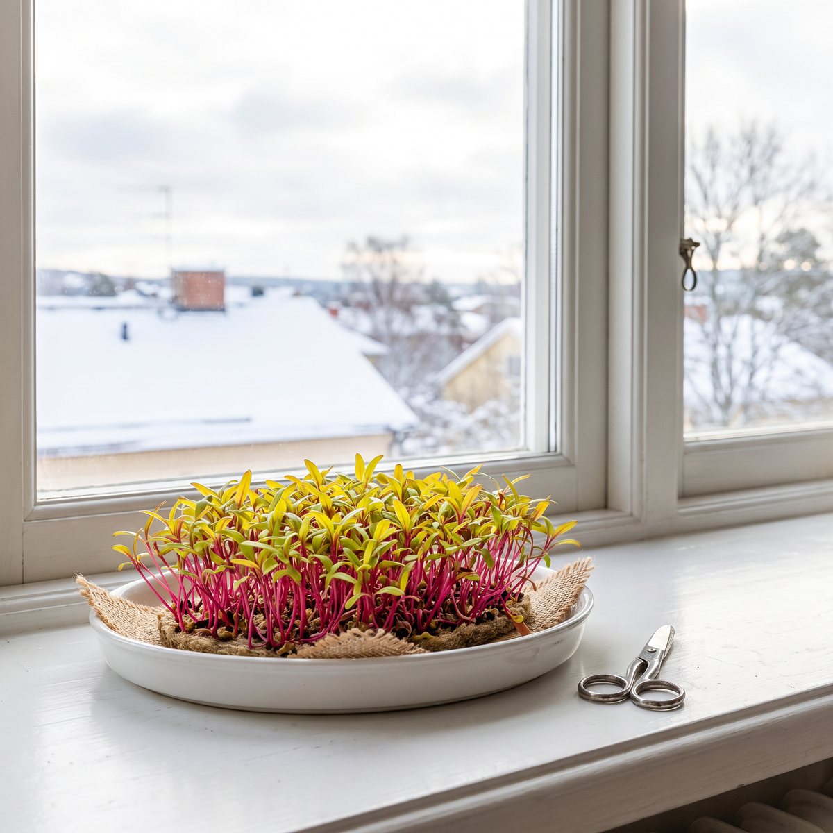 Rubinröd mangold som microgreens på ett fönsterbräde i en svensk lägenhet