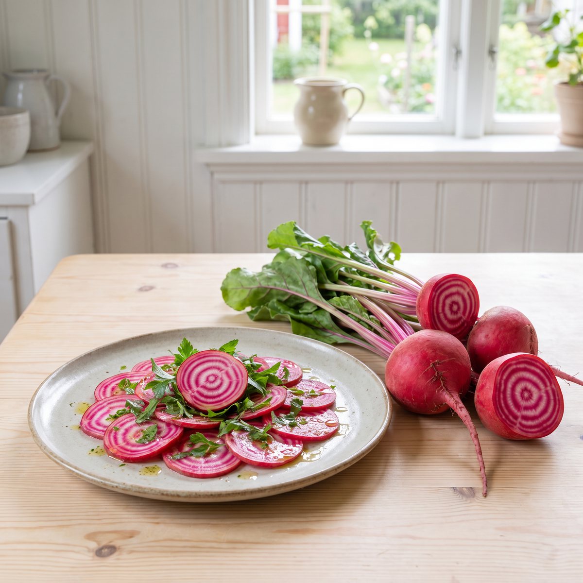 Skivad Chioggia-rödbeta med ringmönster på en tallrik i ett svenskt sommarkök