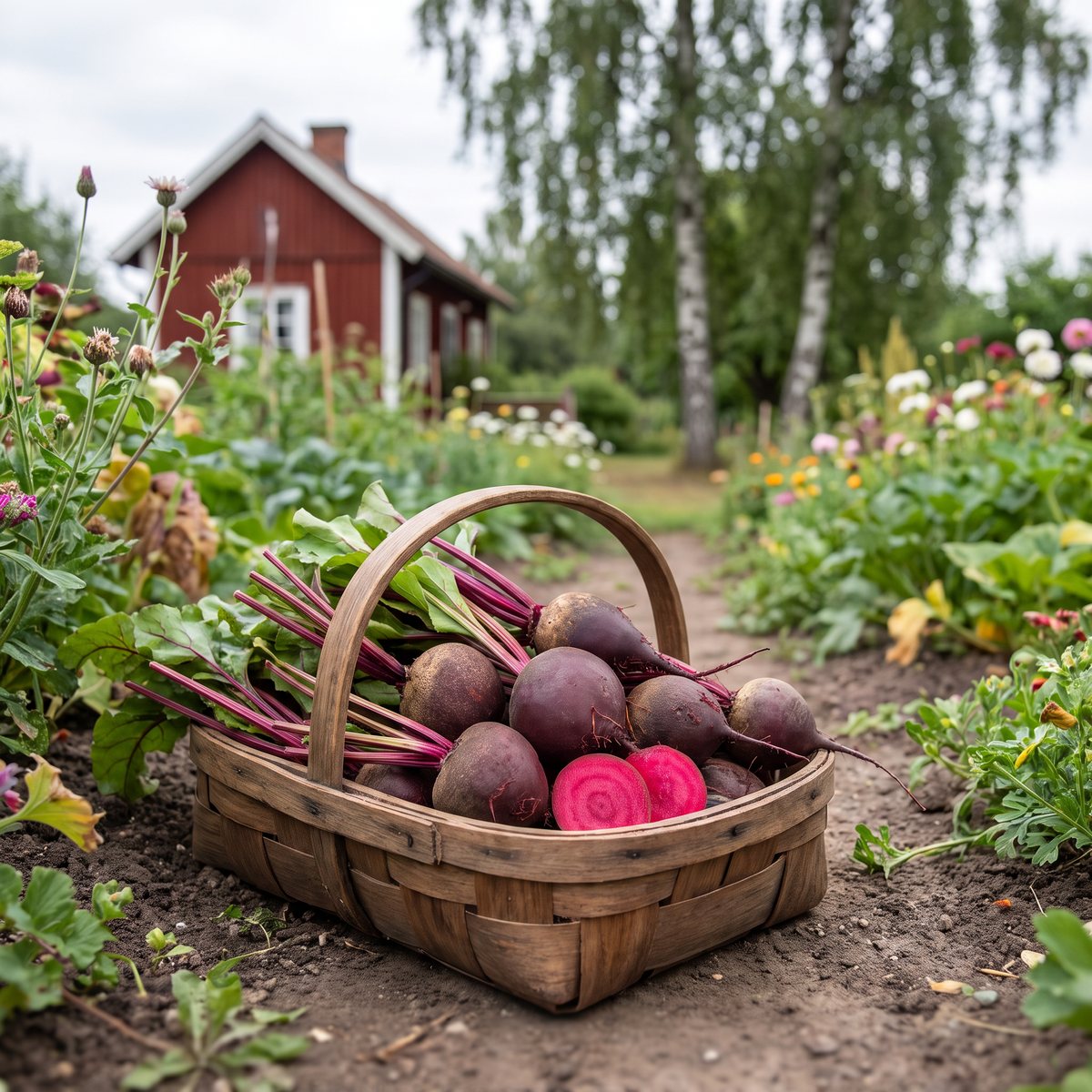 Små rödbetor i en korg på en svensk kolonilott