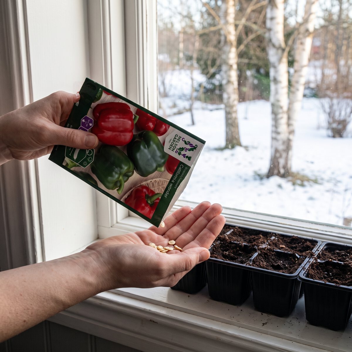 Hand som häller paprikafrön ur fröpåsen California Wonder ovanför odlingskrukor i ett vitt fönster, med snö och björkar utanför.