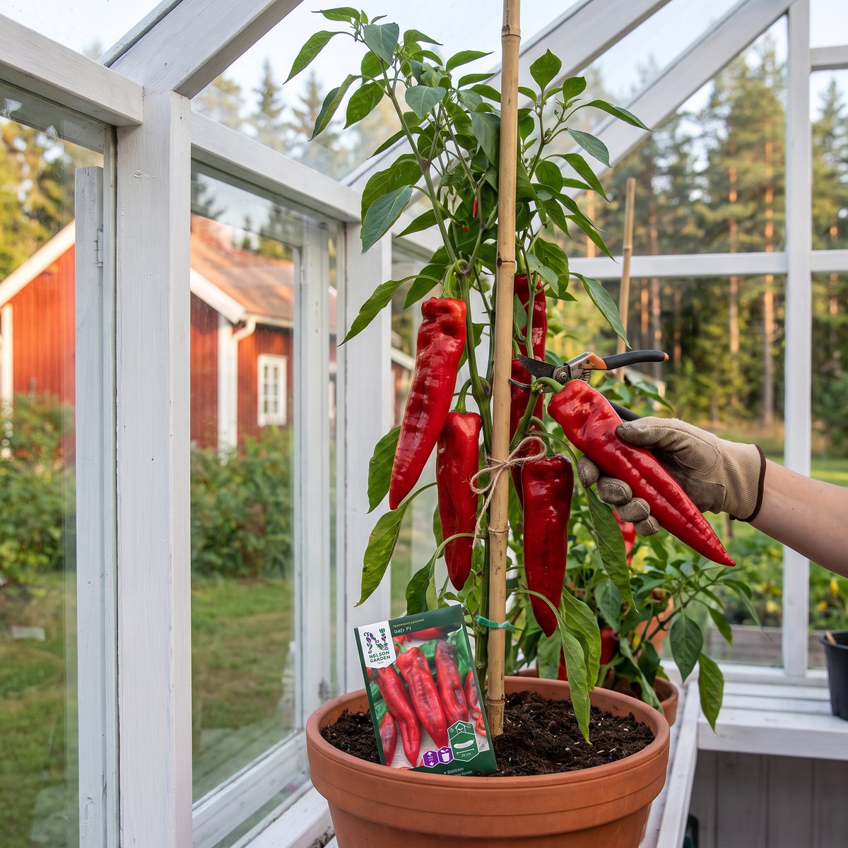 Hand i trädgårdshandske som skördar en lång röd paprika från en uppbunden planta i ett vitt växthus, med fröpåsen i krukan och en röd stuga utanför.