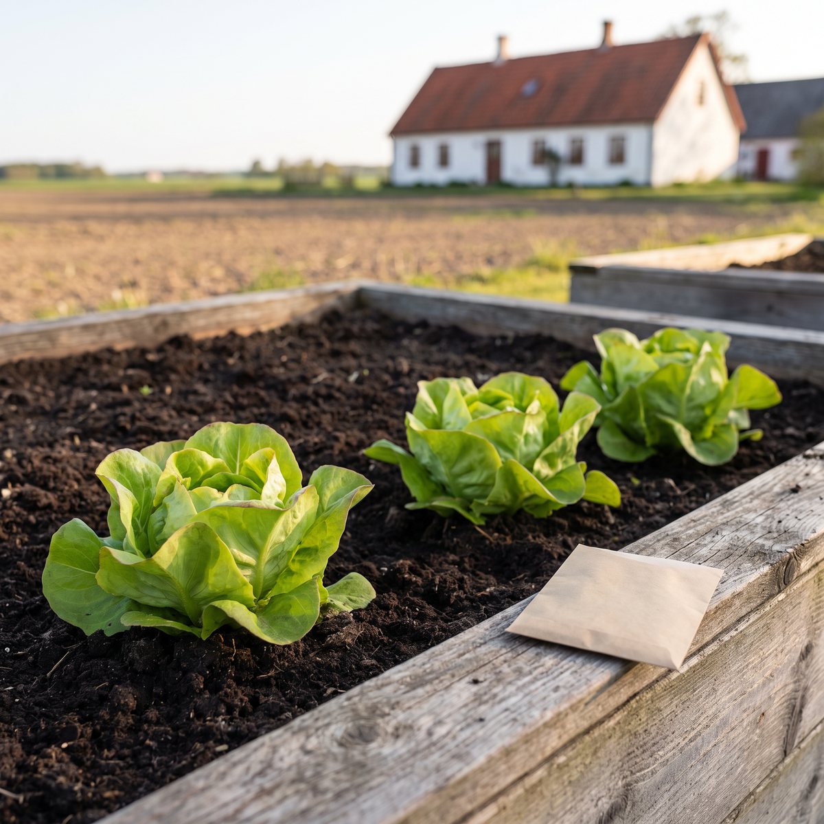 Ljusgröna huvudsallatplantor i en odlingslåda på en gård i Skåne