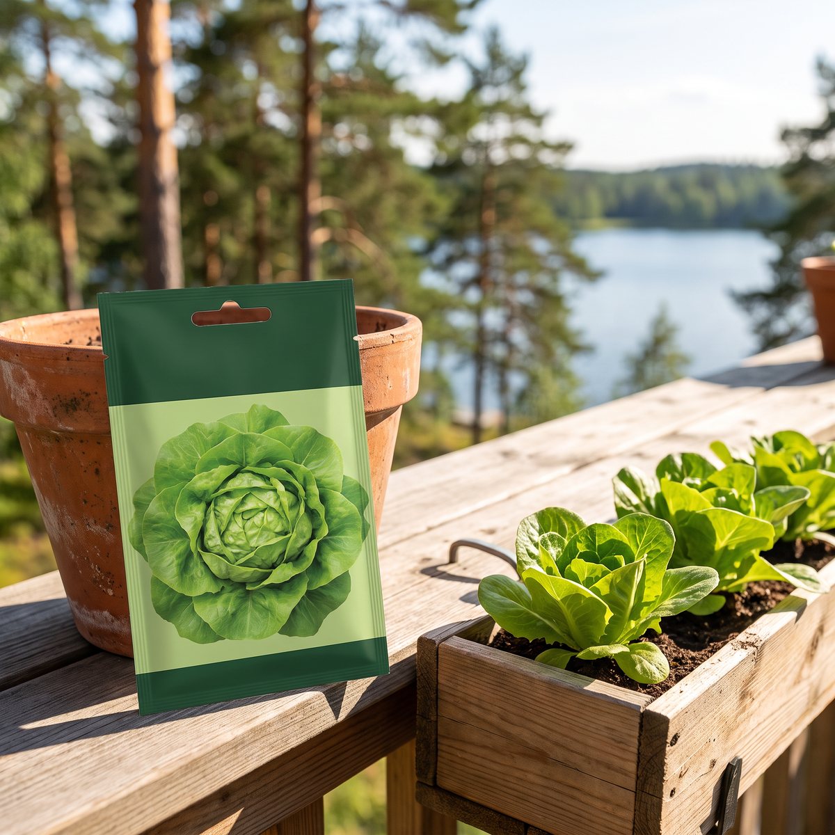 Fröpåse med ekologisk huvudsallat Suzan vid en balkonglåda på en svensk balkong