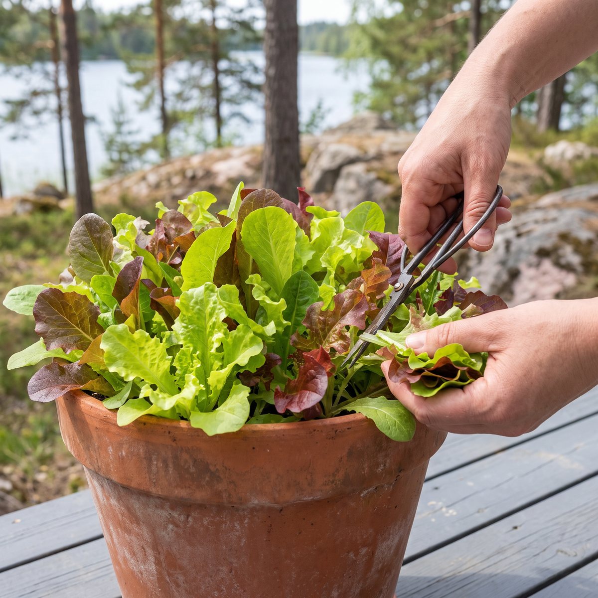 Händer klipper späda gröna och röda blad av Baby Leaf mix i en terrakottakruka på en altan med tallar och sjö i bakgrunden