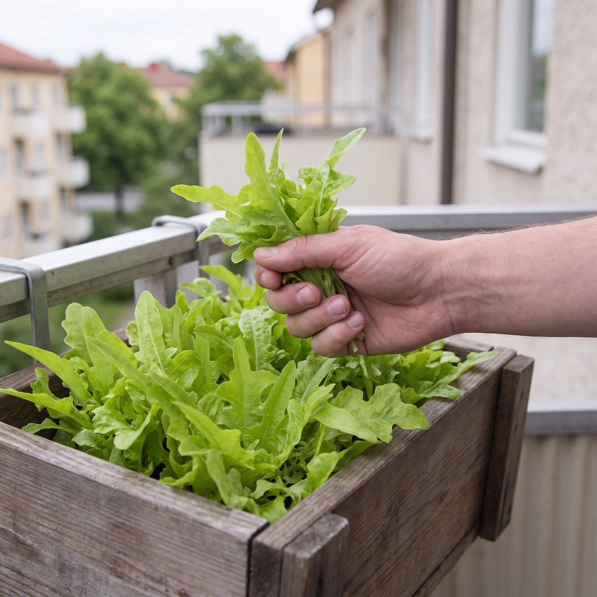 En hand plockar en knippe friskt gröna eklövsblad av Baby Oakleaf ur en balkonglåda på en lägenhetsbalkong