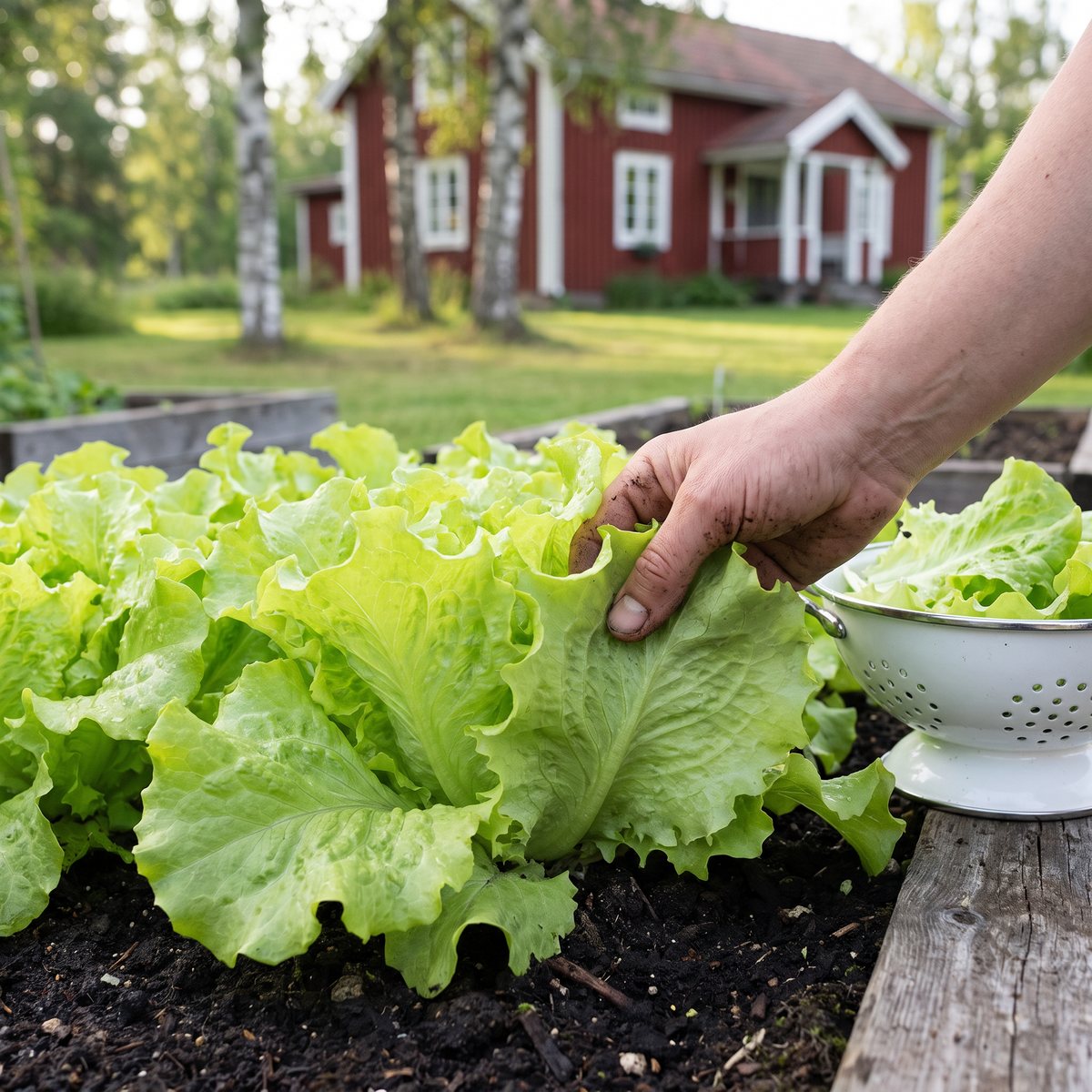 Händer plockar ljusgröna, vågiga blad av plocksallaten Black Seeded Simpson i en pallkrage, med ett rött trähus och björkar i bakgrunden