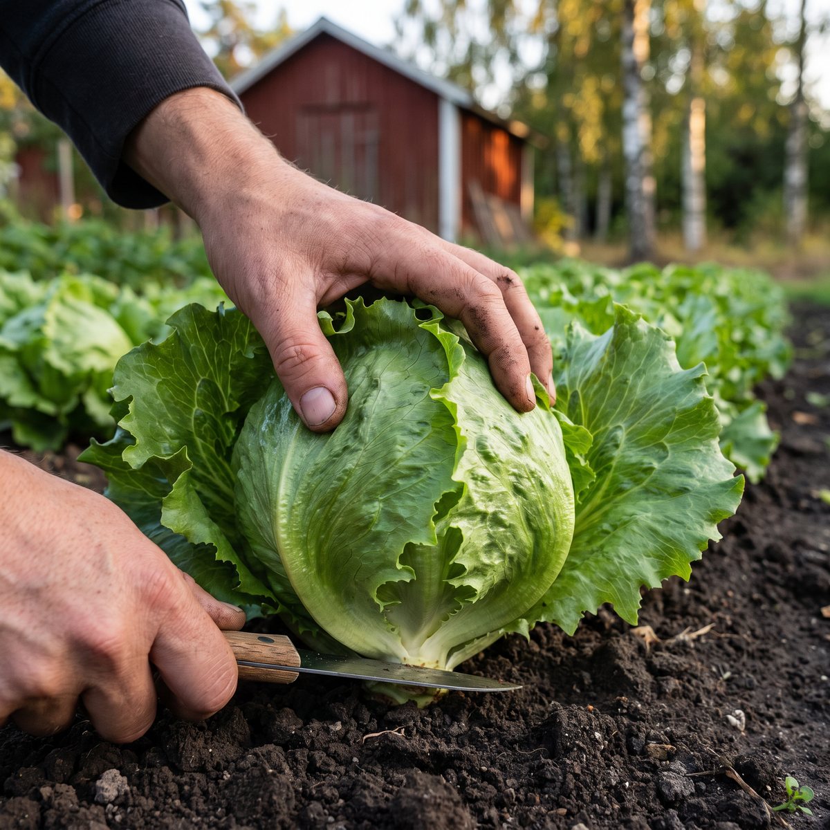Ett fast grönt isbergshuvud skärs loss med kniv i en lång rad isbergssallat i en svensk köksträdgård med rött förråd och björkar