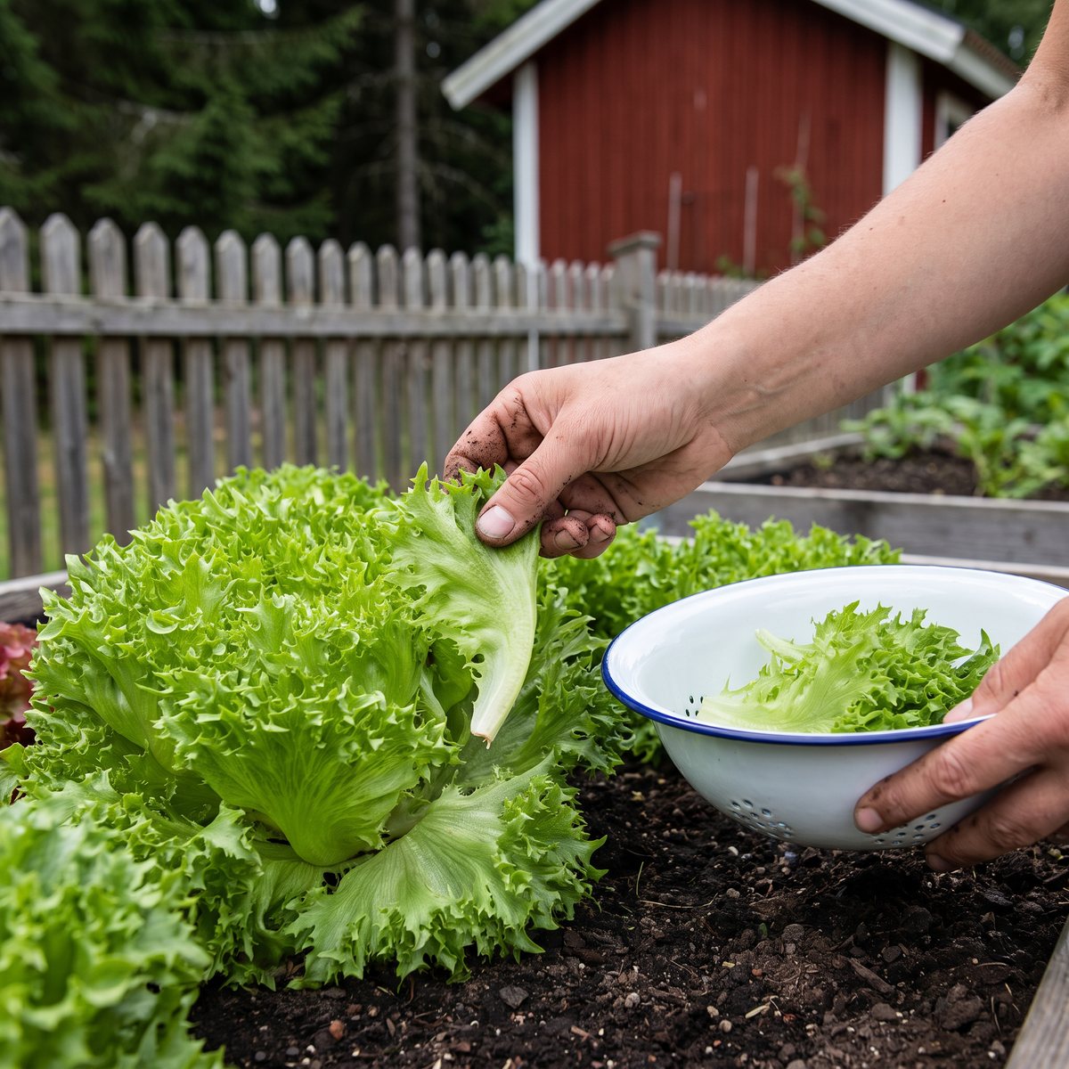 Ett krusigt ytterblad plockas från en öppen salladsrosett i en svensk köksträdgård och läggs i ett emaljdurkslag
