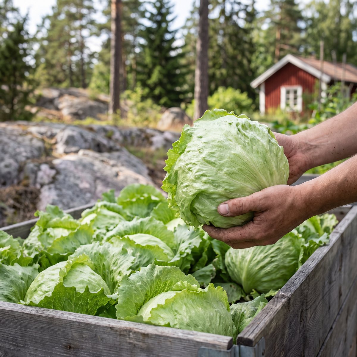 Ett stort nyskördat isbergshuvud hålls upp över en pallkrage full av sallat på en svensk kolonilott med granithällar och rött hus