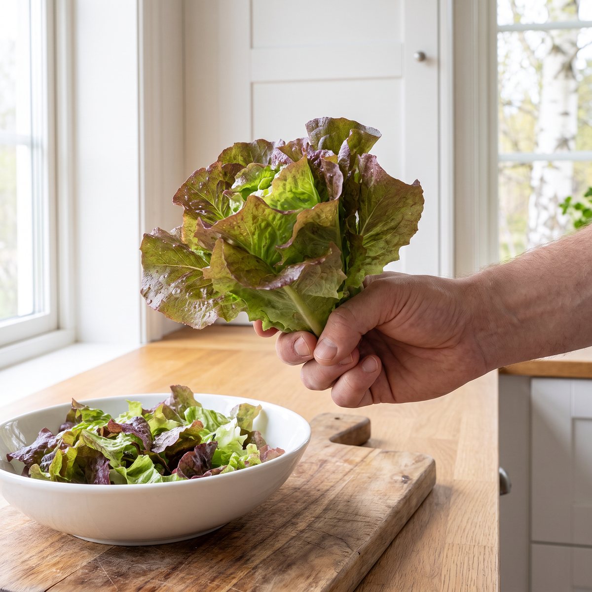 Ett litet salladshuvud med rödskiftande ytterblad och ljusgröna inre blad hålls upp i ett ljust svenskt kök bredvid en skål med riven sallad