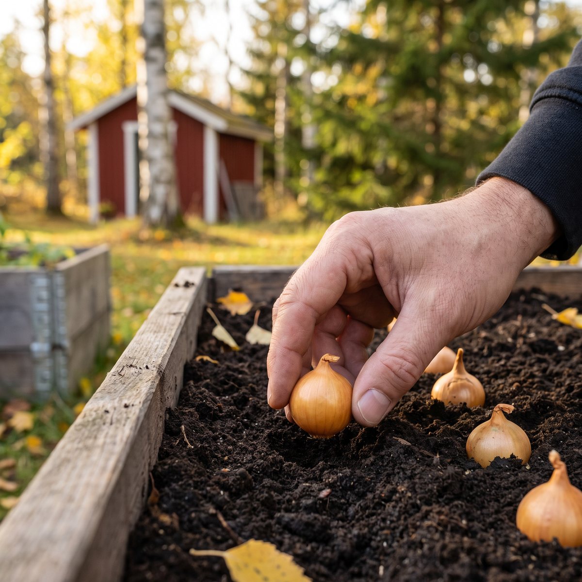 Gula lökar som sättlök läggs ned i jorden i en upphöjd odlingslåda i en svensk trädgård på hösten