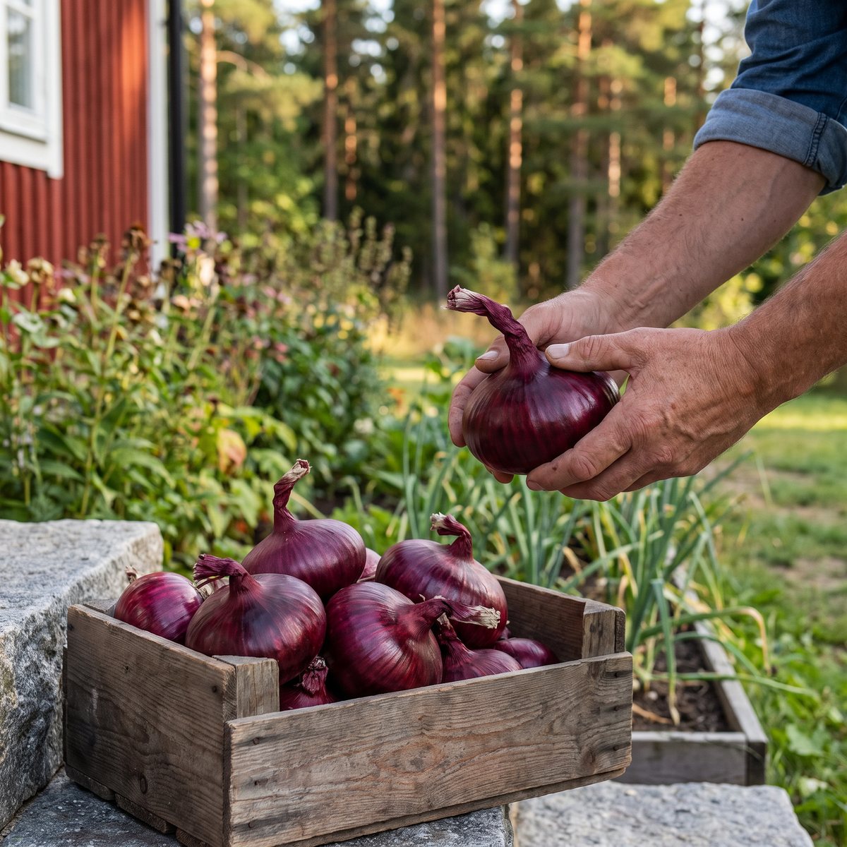 Händer håller en rödlök över en trälåda full med rödlökar vid en trädgårdsodling intill en rödfärgad stuga