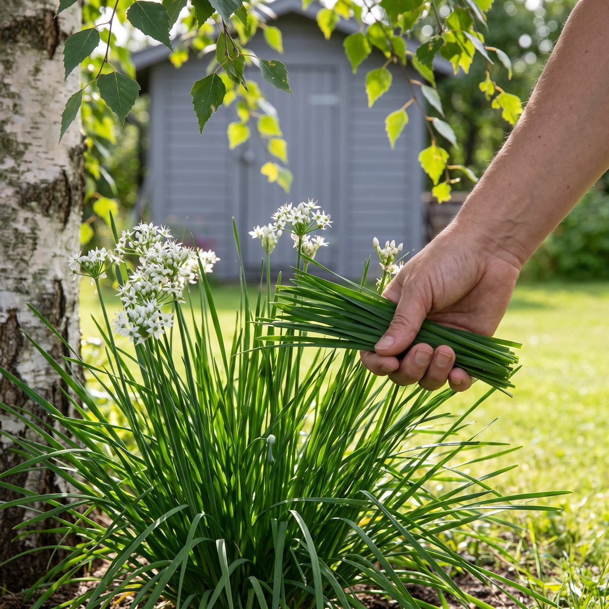 Hand håller en knippe nyklippta platta blad över en tuva kinesisk gräslök med vita blommor under en björk i halvskugga