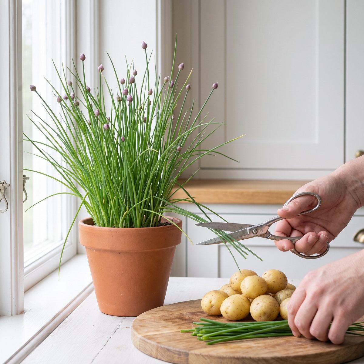 Gräslök i lerkruka i ett ljust kök, där en hand klipper strån med sax över en skärbräda med färskpotatis